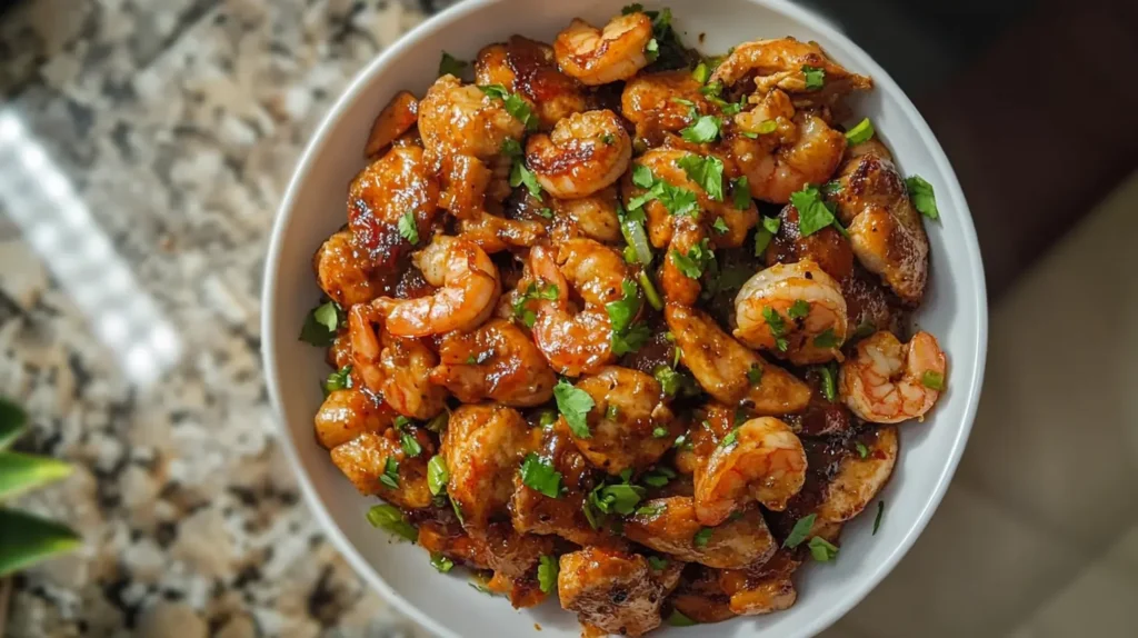 A savory dish of chicken and shrimp recipes served with greens