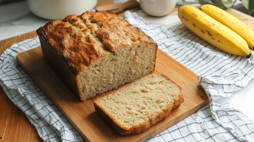 Moist banana bread recipe with 2 bananas on a cutting board