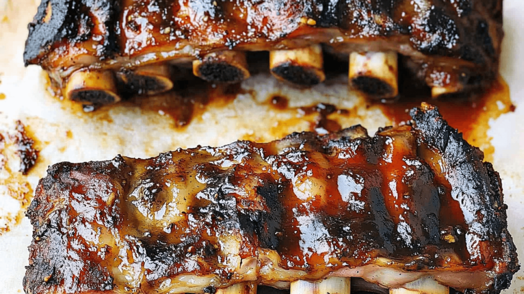 Delicious beef back ribs recipe on a wooden platter.