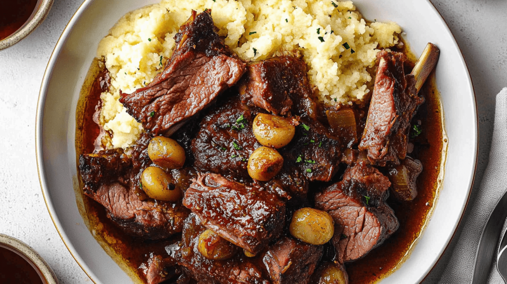 Tender boneless beef ribs recipe on a platter