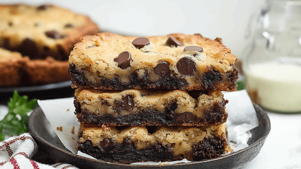 Freshly baked brookie recipe bars in a pan