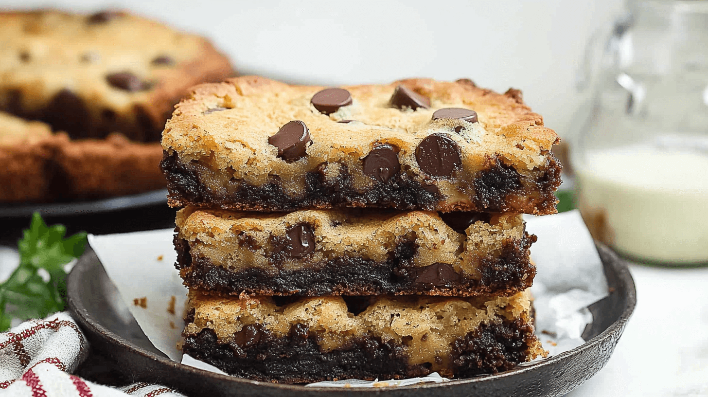 Freshly baked brookie recipe bars in a pan