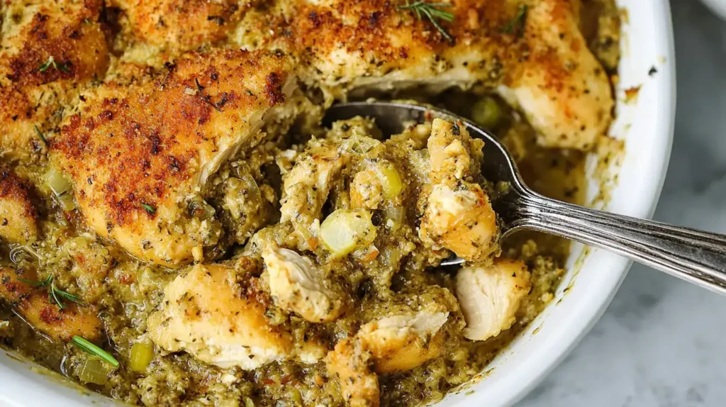 Classic Southern chicken and dressing recipe in a casserole dish