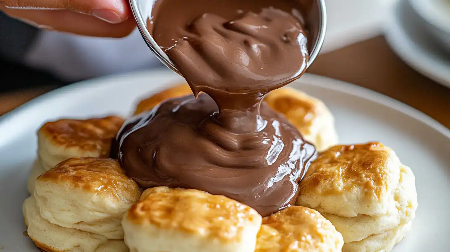 Homemade chocolate gravy recipe served over warm biscuits