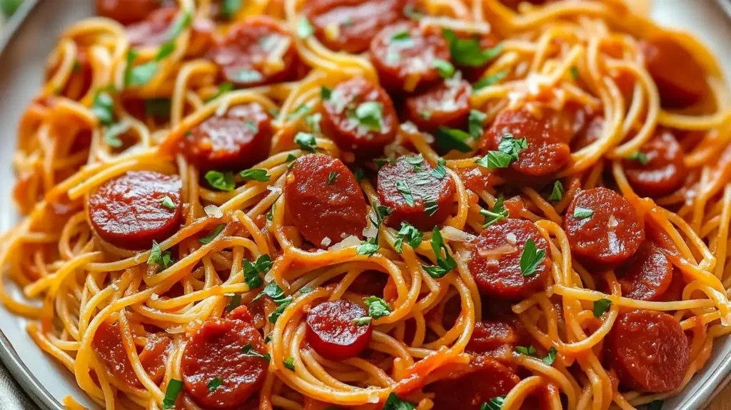 A plate of haitian spaghetti recipe topped with herbs