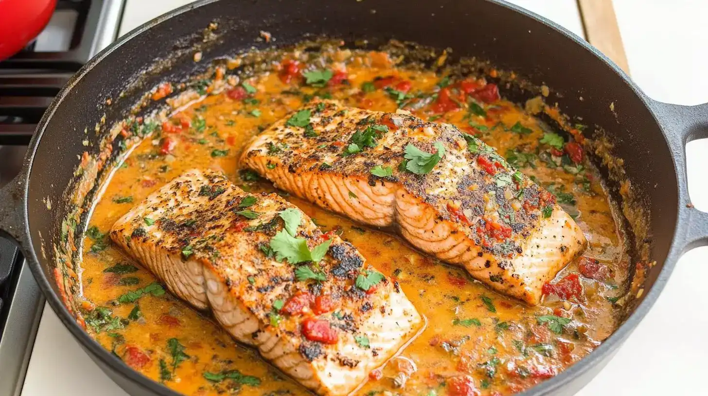 Marry me salmon recipe with creamy sauce and sun-dried tomatoes