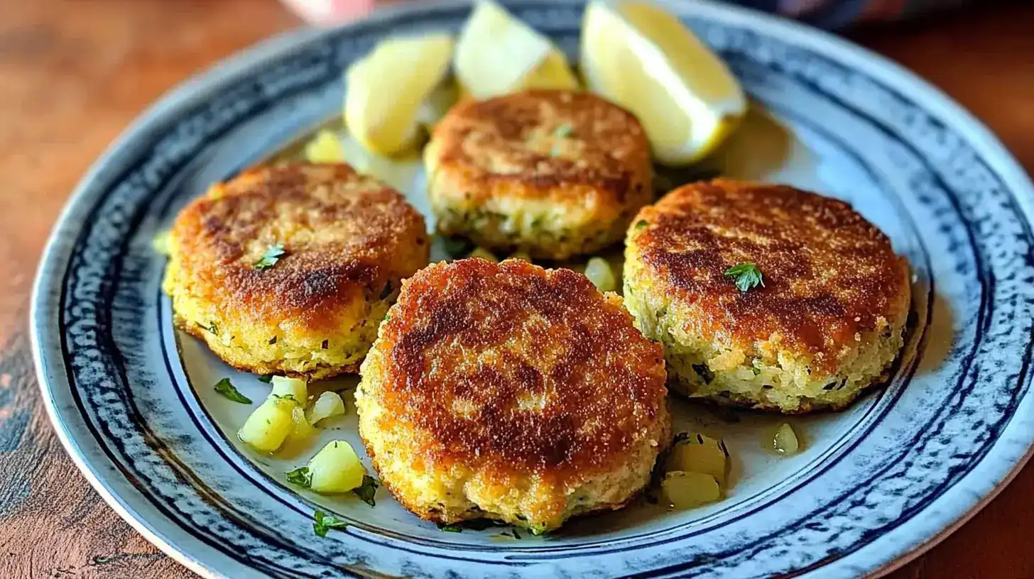 Old fashioned salmon patties recipe served with lemon wedges