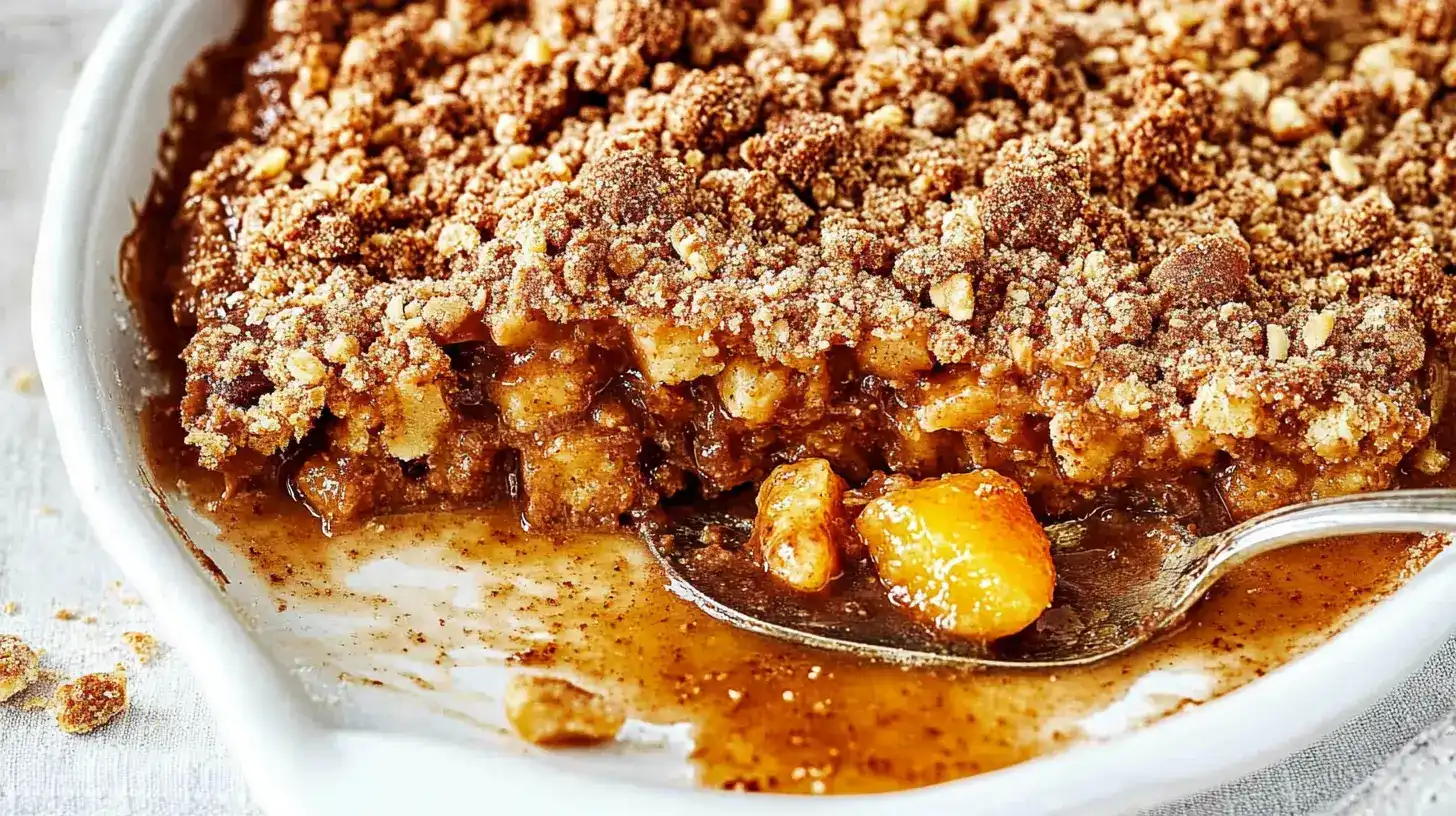 Freshly baked peach crumble recipe with golden, crispy topping