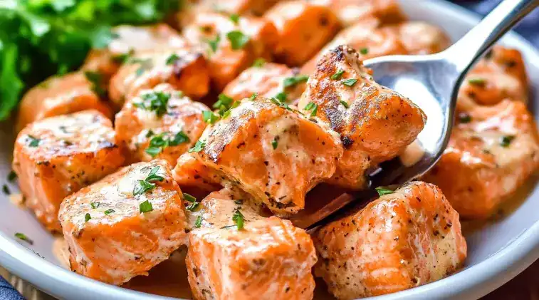 Crispy salmon bites recipe arranged on a white plate with fresh herbs