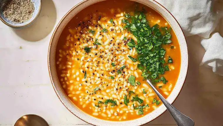 A bowl of creamy pastina soup recipe garnished with fresh herbs