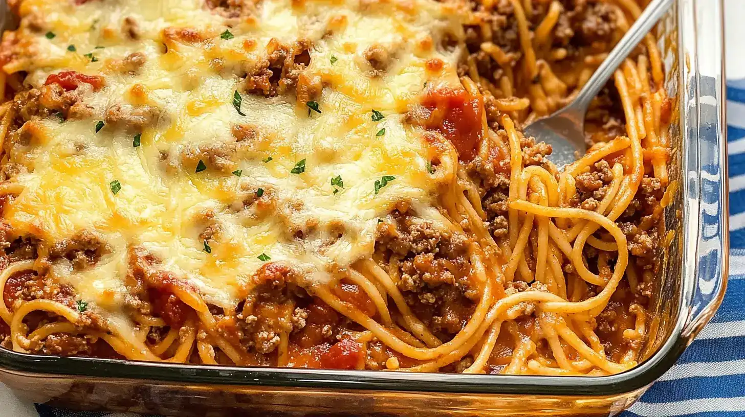 Delicious spaghetti casserole recipe topped with melted cheese