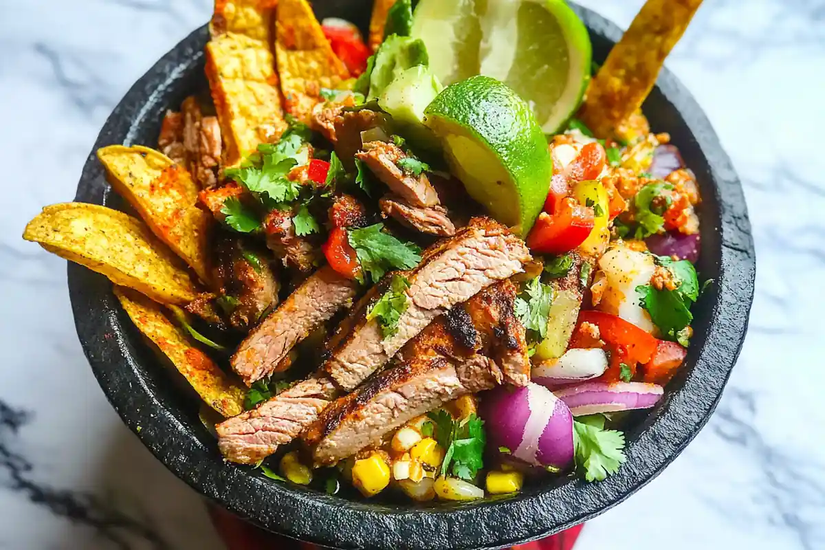 Authentic molcajete recipe with fresh ingredients, including tomatoes and chiles.