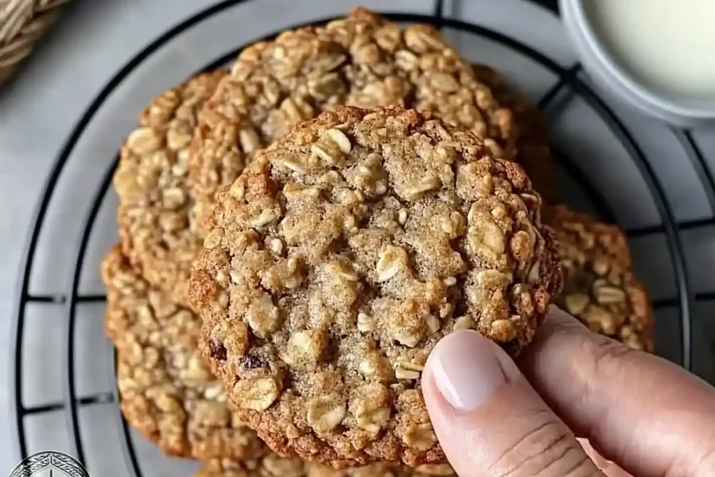 A batch of freshly baked quaker oatmeal cookies on a cooling rack.