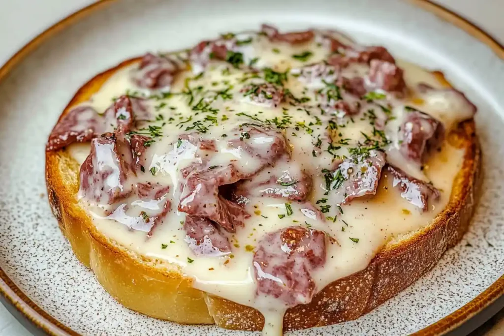 Close-up shot of creamy dried beef gravy served over toast.