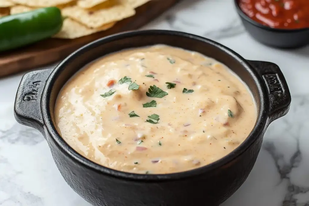 Creamy chipotle queso in a bowl, ready to eat.