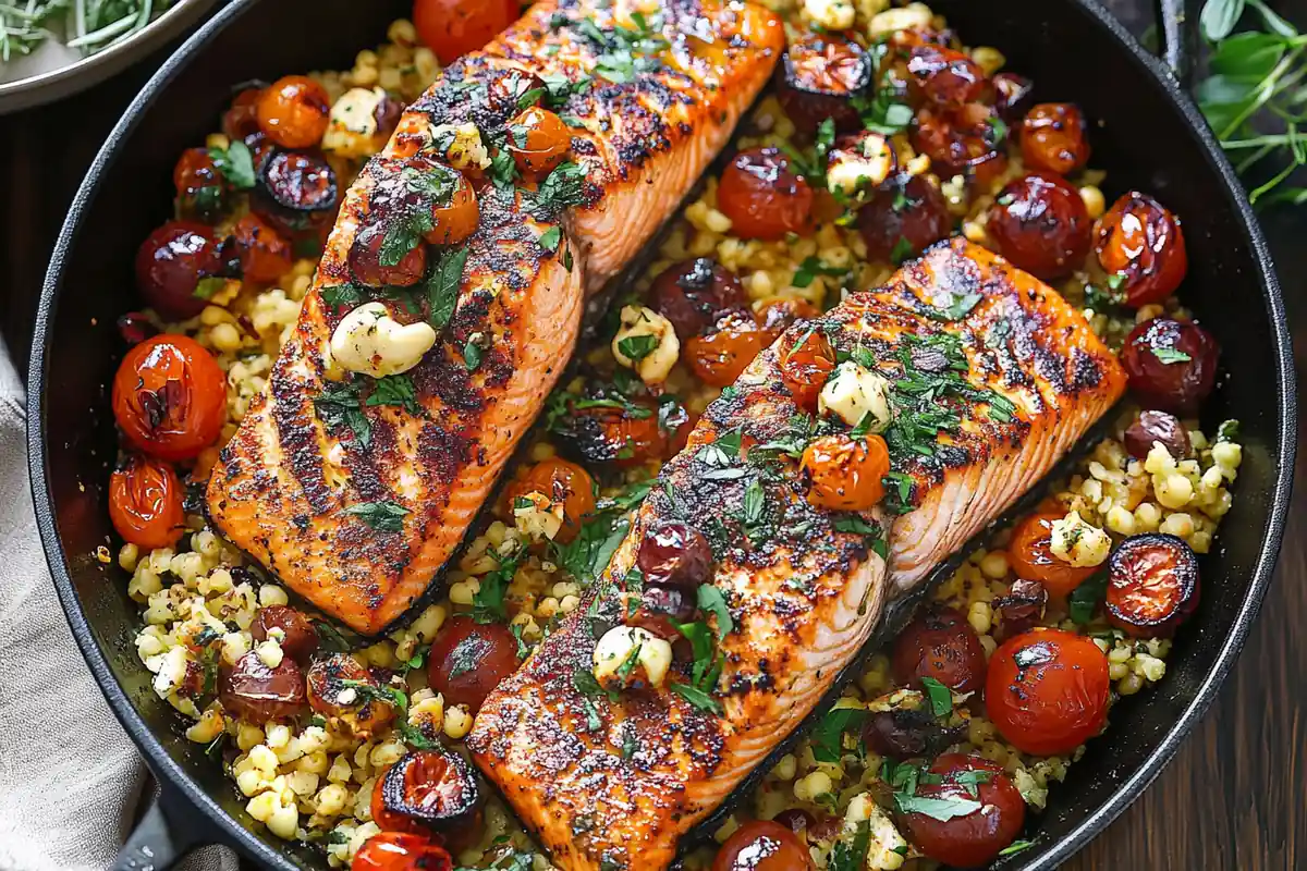 Delicious Mediterranean salmon recipe with vegetables and herbs.