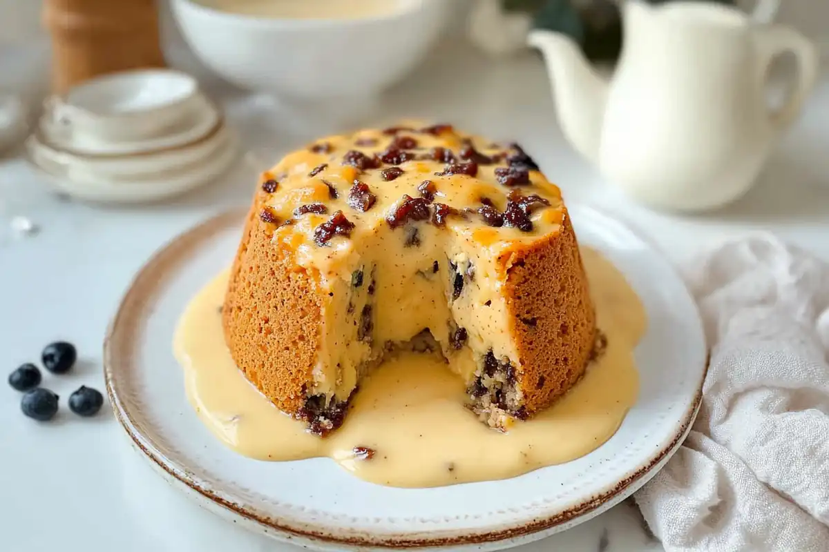 A close-up view of a delicious spotted dick recipe pudding, served with custard.