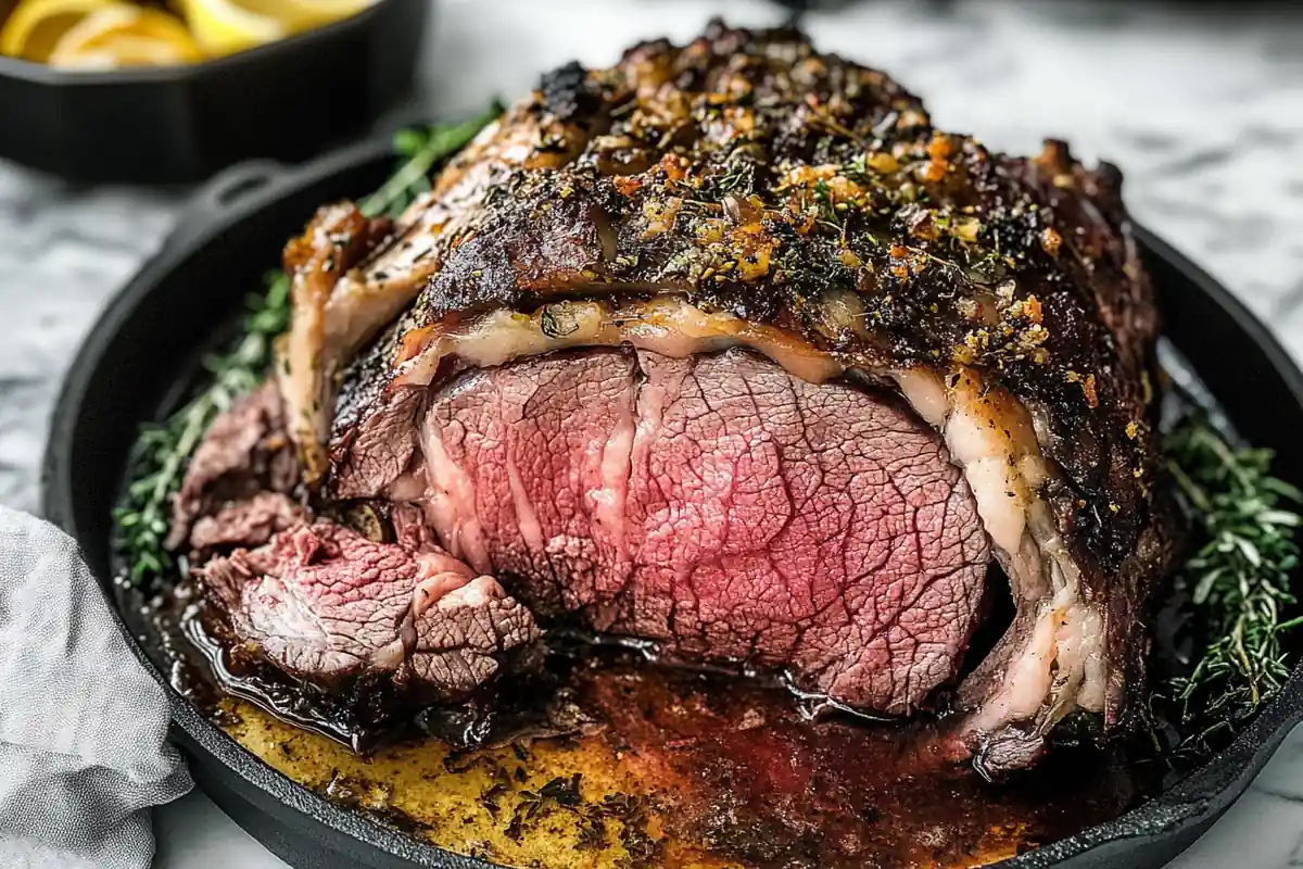 Delicious cooked boneless prime rib ready to serve.