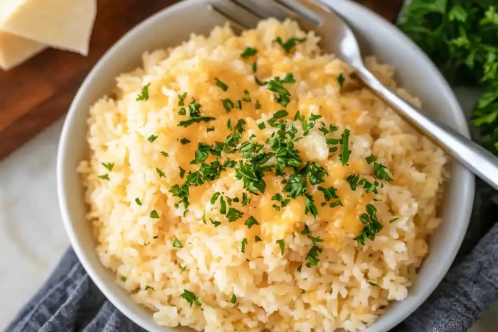 Creamy cheesy rice in a bowl, ready to eat.