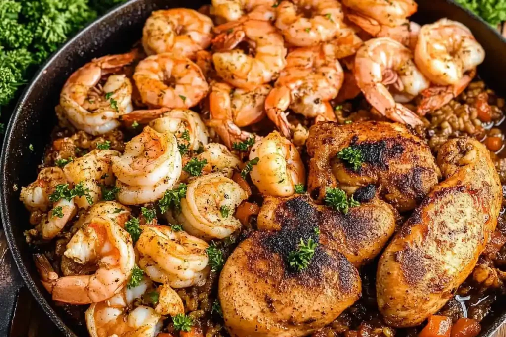 Delicious chicken and shrimp dish, perfect for a family meal.