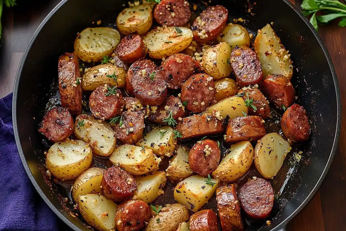 Delicious kielbasa and potatoes recipe served in a skillet.