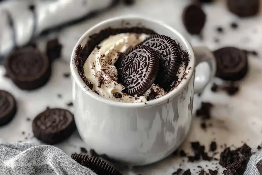 Delicious oreo mug cake recipe in a white mug, topped with whipped cream.