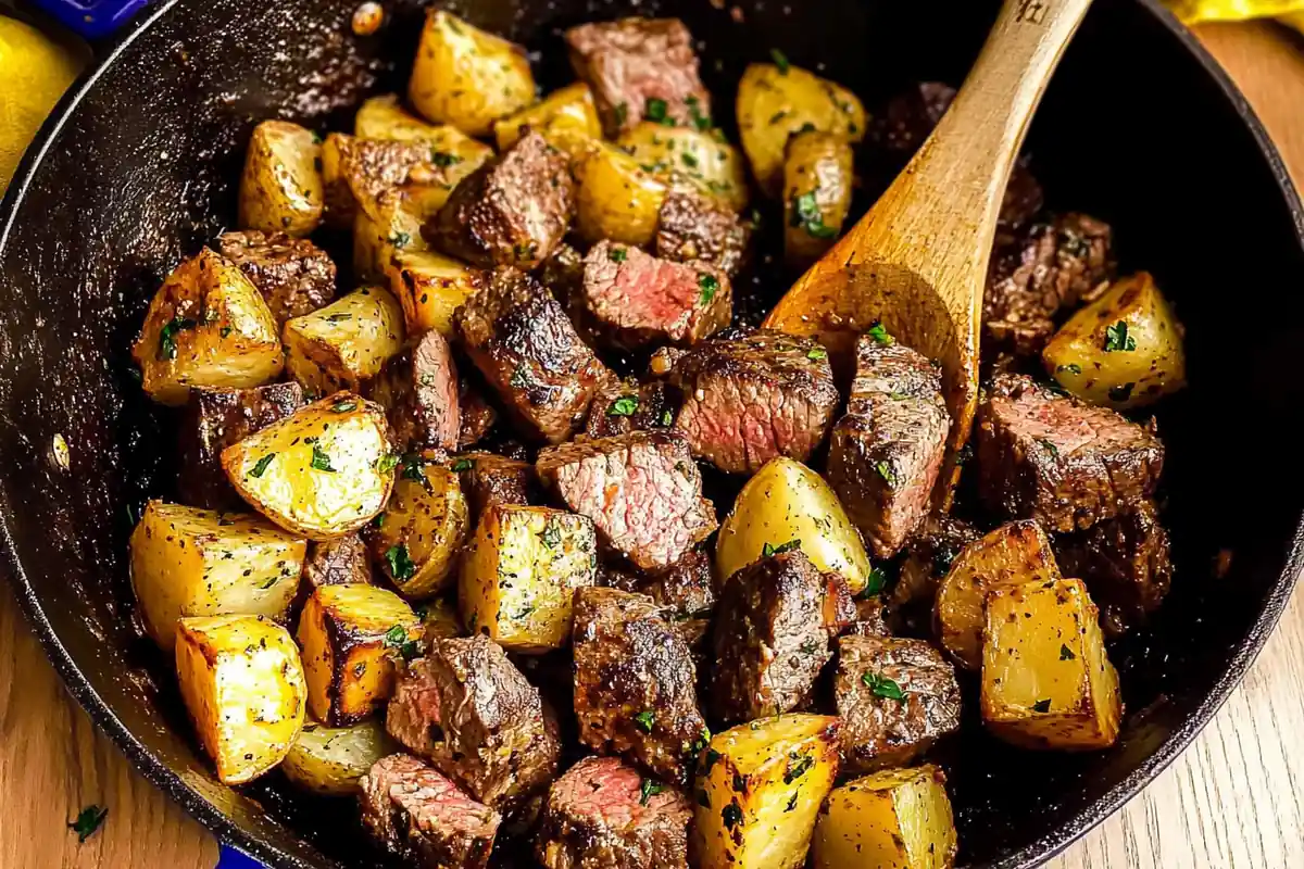 Delicious steak and potatoes recipe with roasted potatoes and herbs.