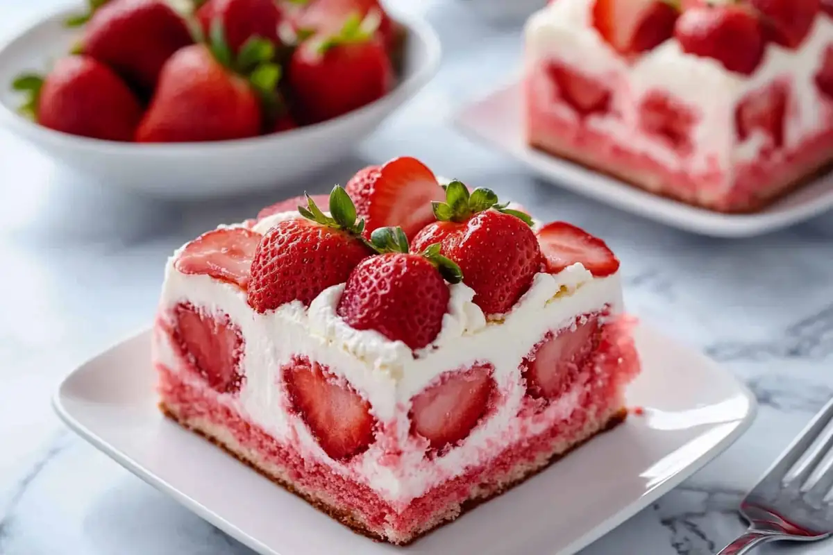 Delicious strawberry poke cake with whipped topping.