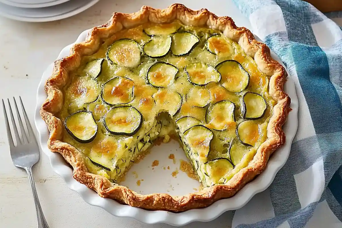 A delicious slice of zucchini pie recipe on a plate.